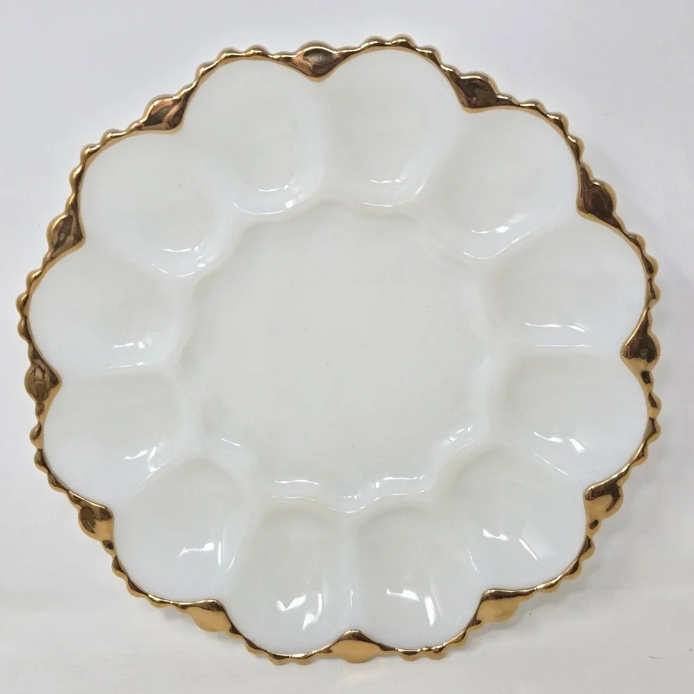 Fire-King Milk Glass Deviled Egg Plate Gold Trim Scalloped Serving‎ Platter 10